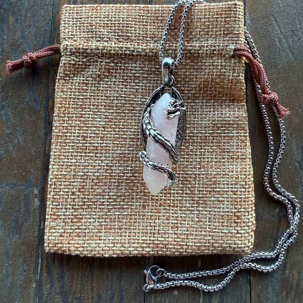 Rose Quartz Dragon Necklace Mens Crystal Necklace Rose Quartz Unisex Necklace